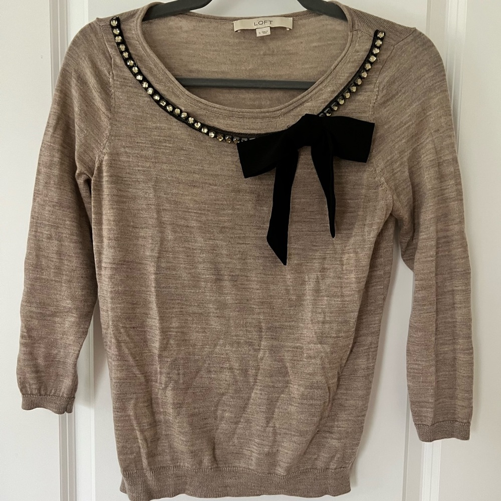 Tan LOFT sweater with beaded neckline
